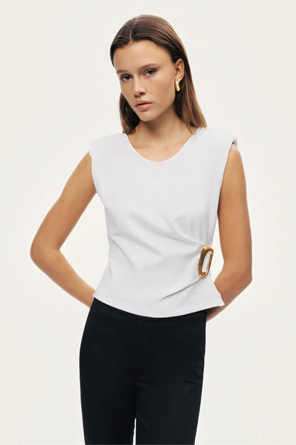 Sleeveless Buckle-Detail Blouse