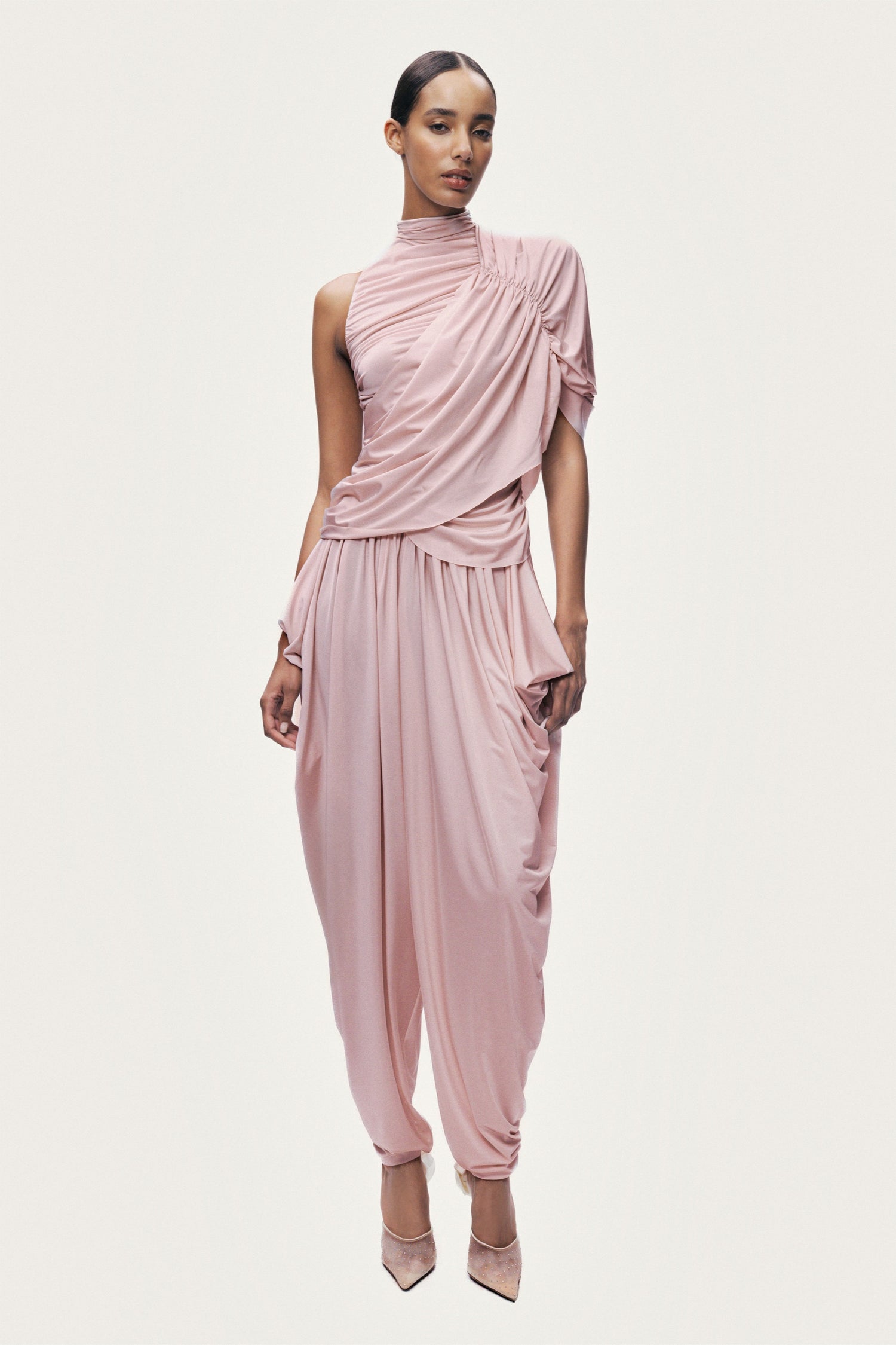 Asymmetric Sleeve Draped Blouse