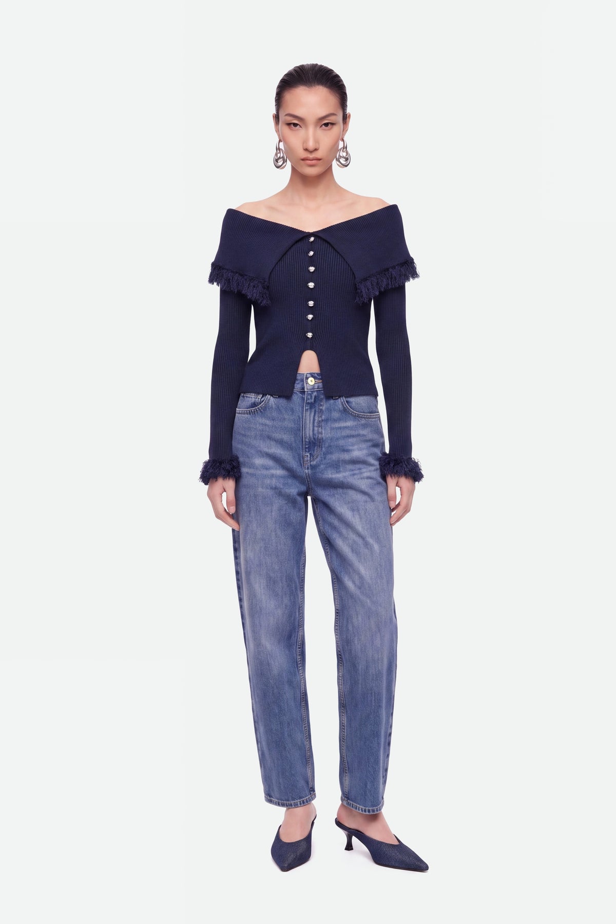 Fringed Collar Off-Shoulder Cardigan