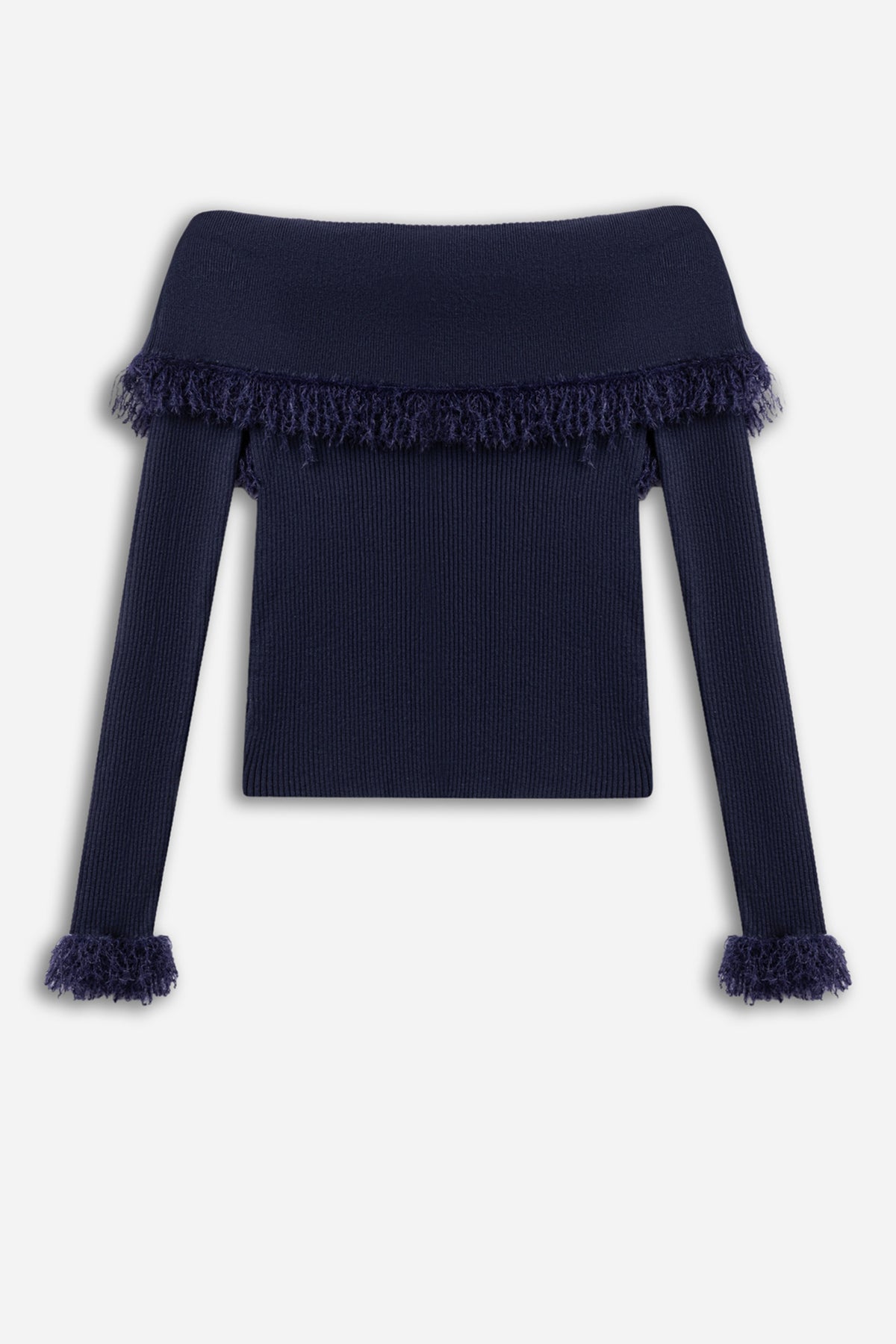 Fringed Collar Off-Shoulder Cardigan