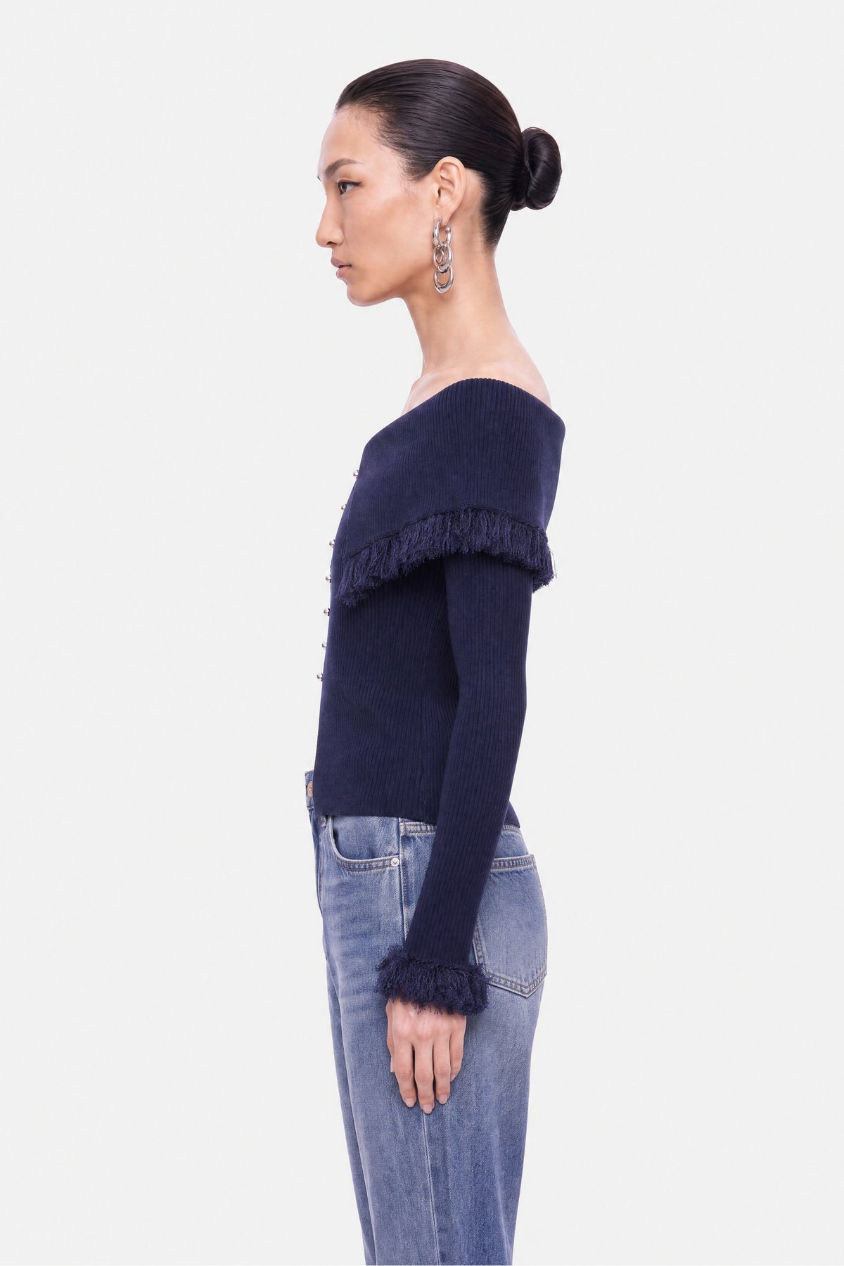 Fringed Collar Off-Shoulder Cardigan