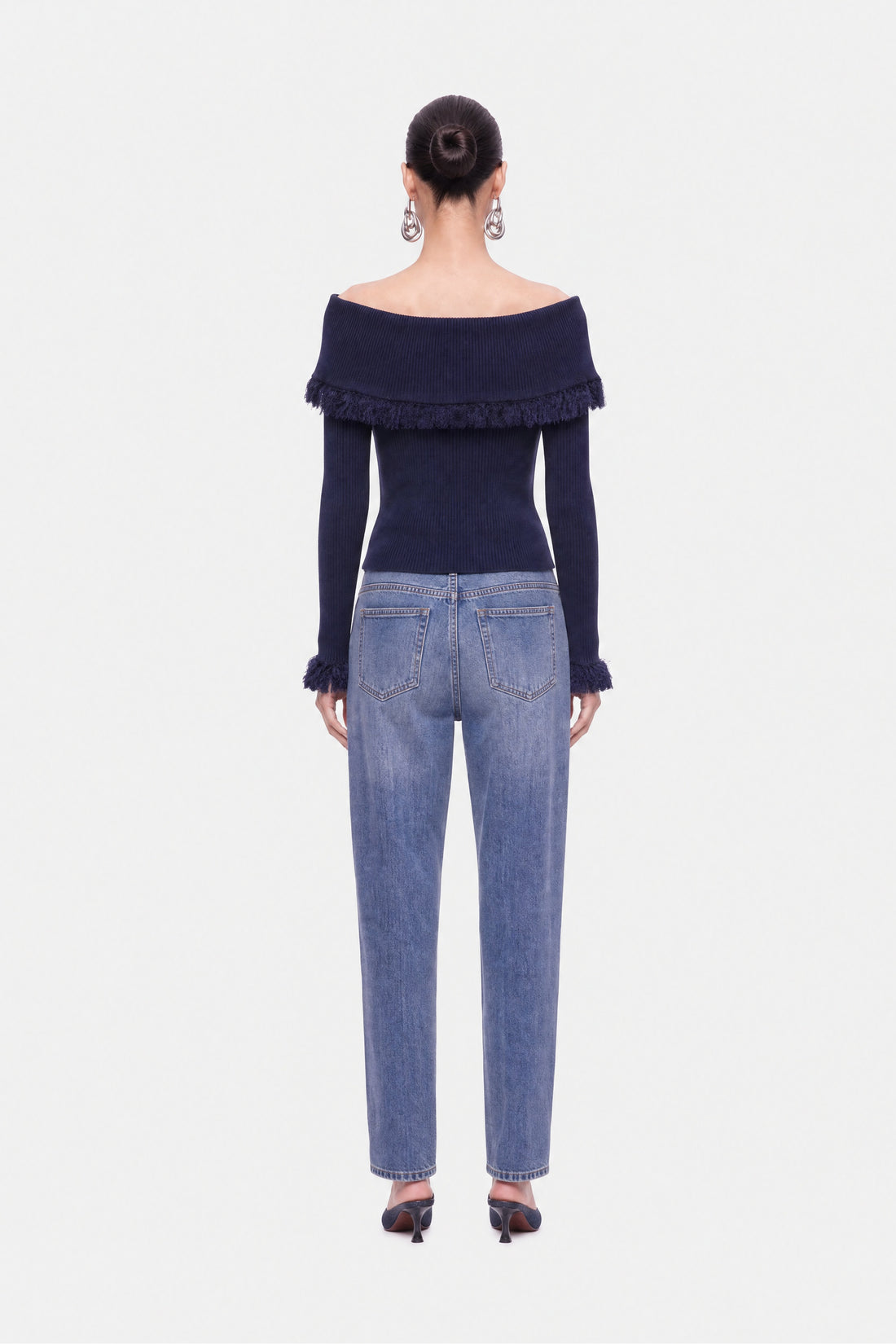 Fringed Collar Off-Shoulder Cardigan