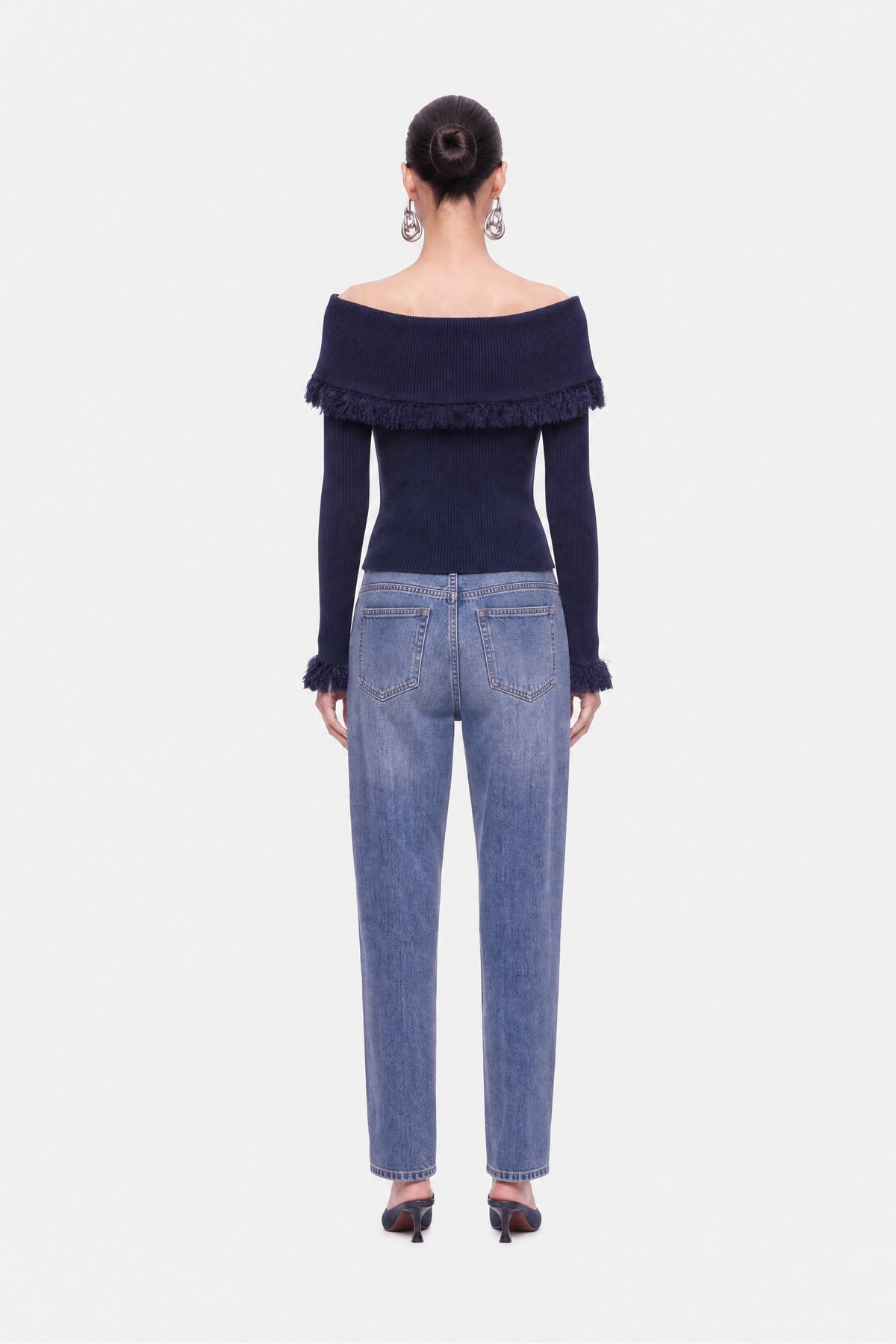 Fringed Collar Off-Shoulder Cardigan