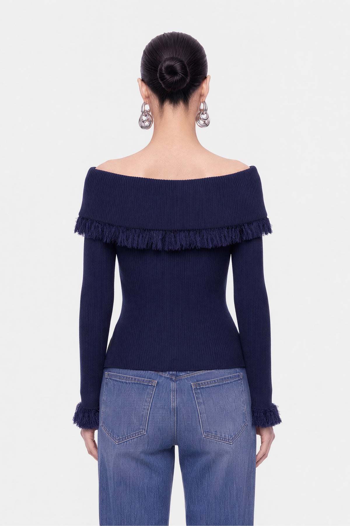 Fringed Collar Off-Shoulder Cardigan