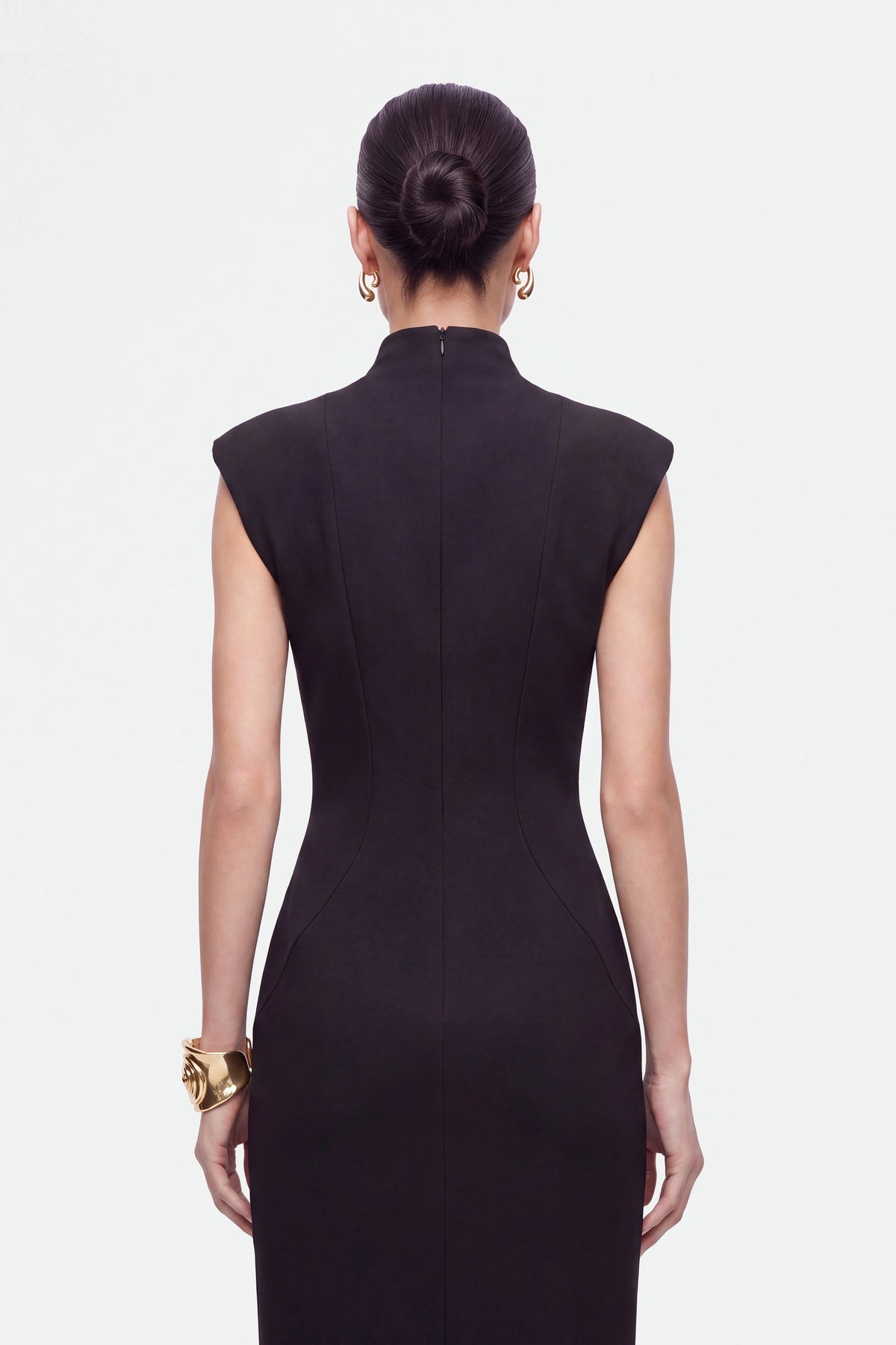 Padded Shoulder Button Detail Maxi Dress