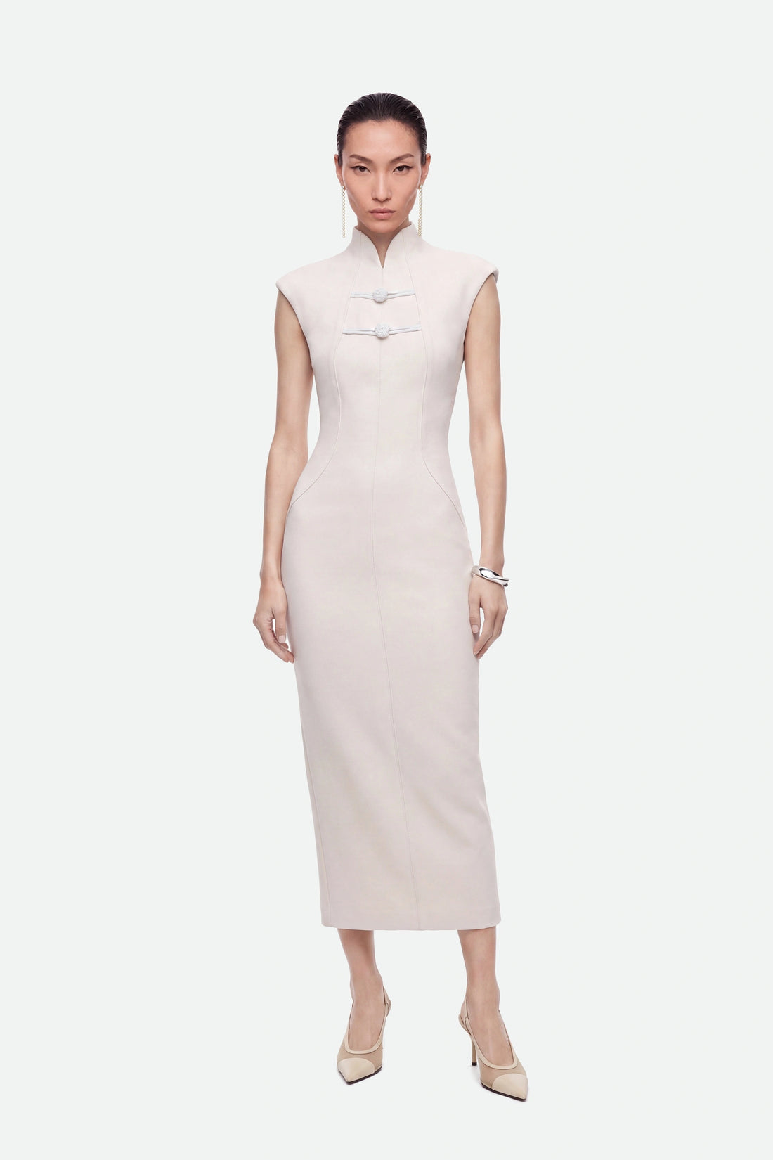 Padded Shoulder Button Detail Maxi Dress