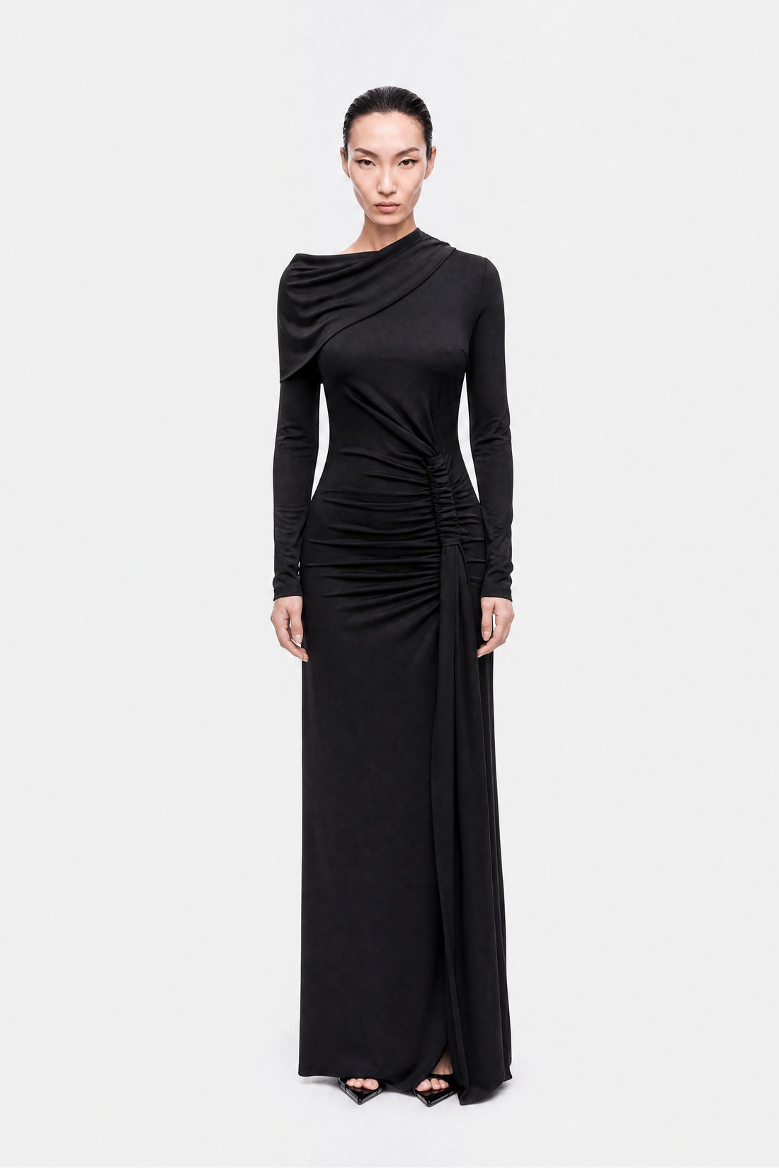 Asymmetric Neck Draped Maxi Dress