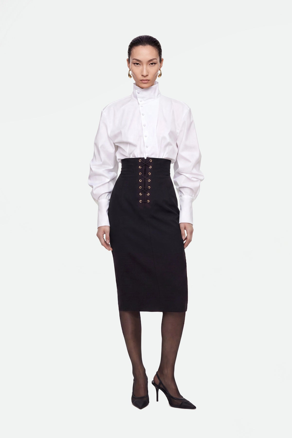 Eyelet Detail High Waist Midi Skirt