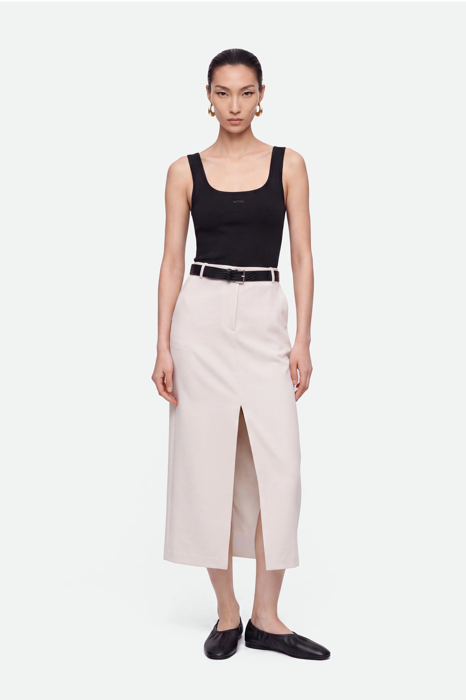 Belted Front Slit Maxi Skirt