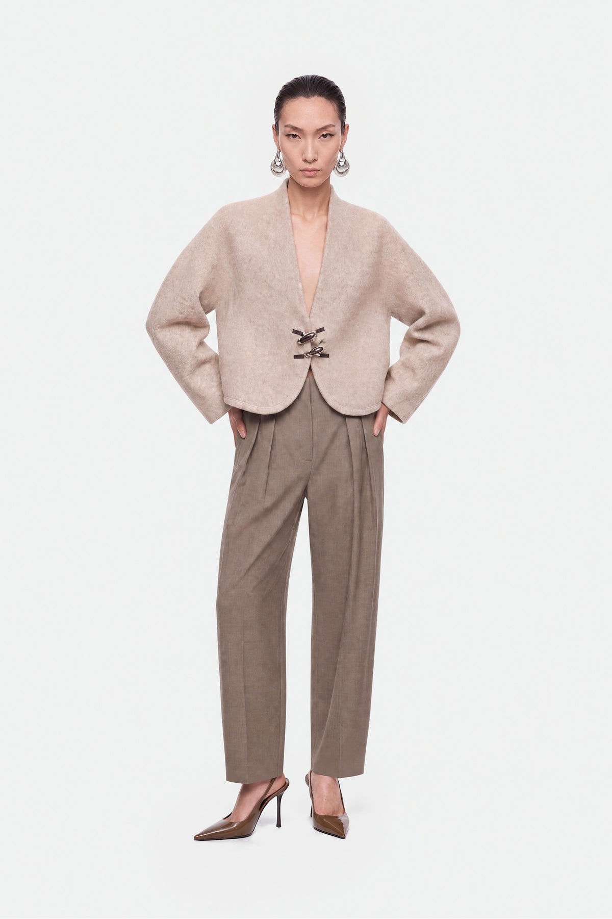 Clasp Front Cropped Wool Blend Jacket