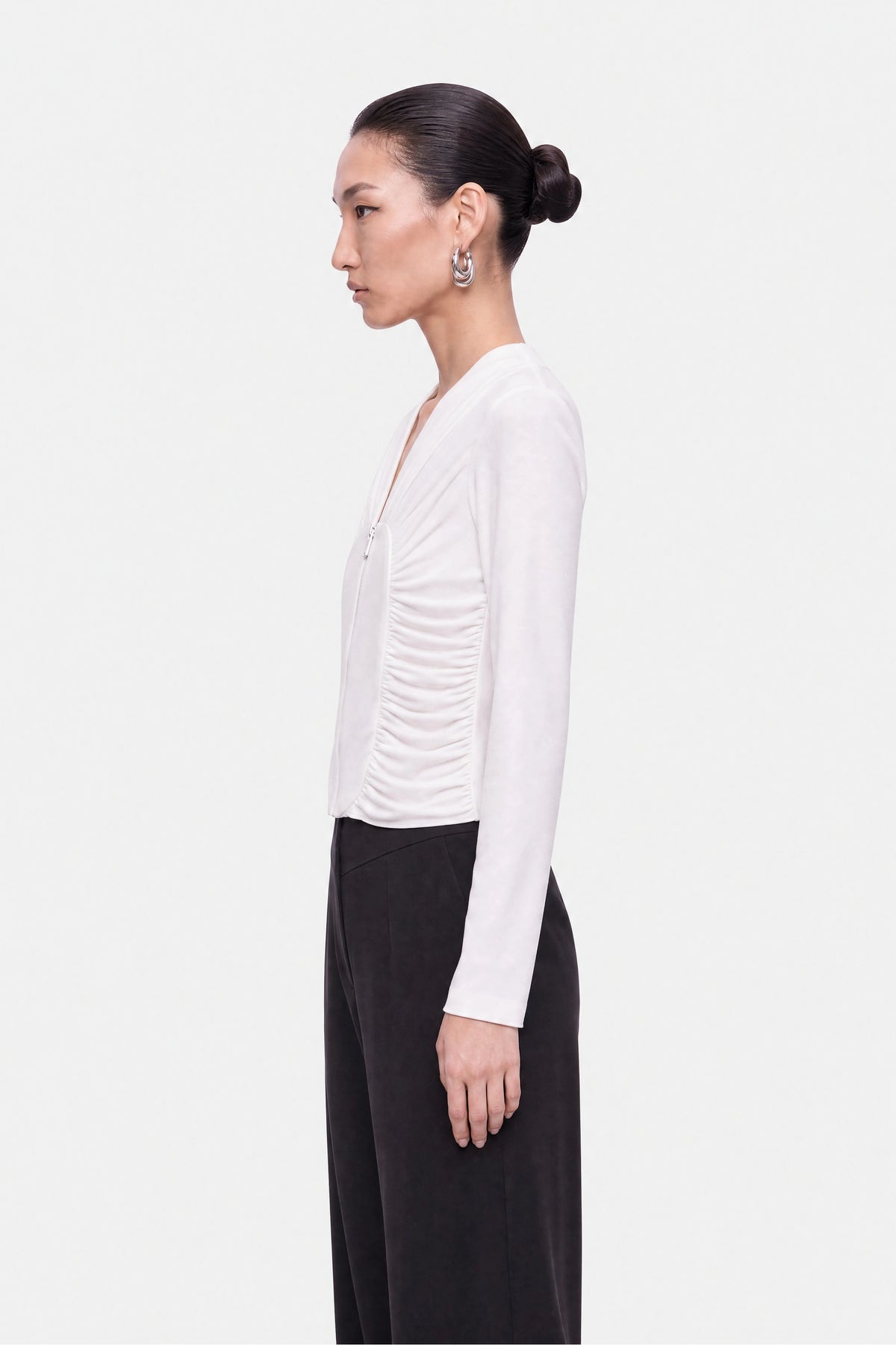 Ruched Metal Zip Blouse