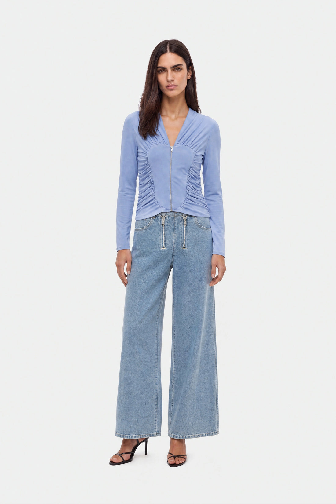 Ruched Metal Zip Blouse