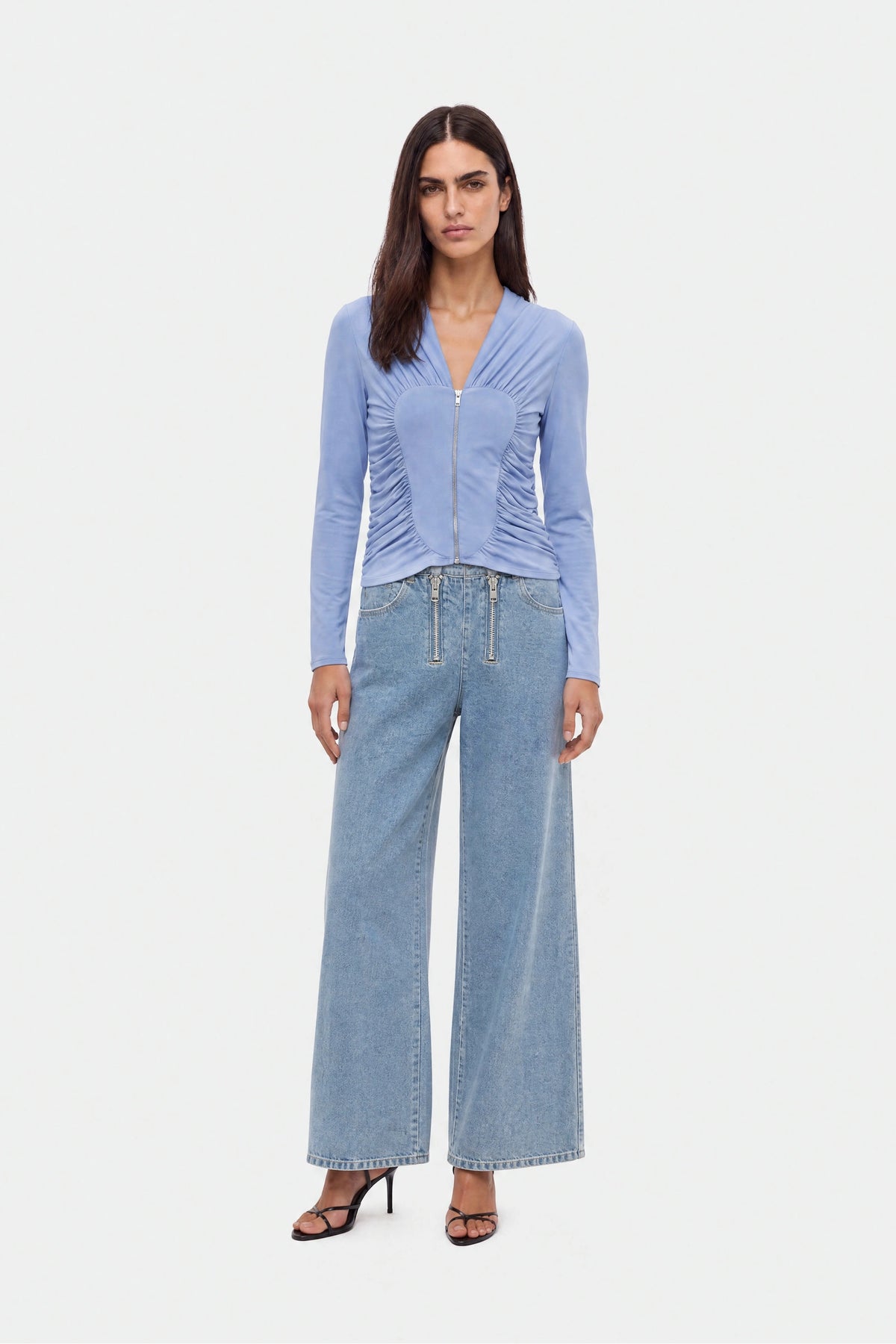 Ruched Metal Zip Blouse