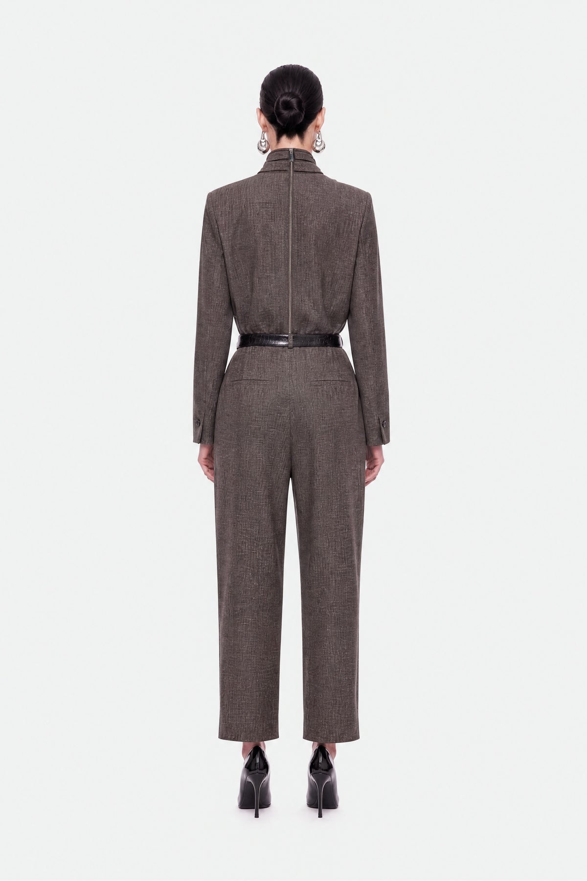 Padded Shoulder Stand Collar Blouse