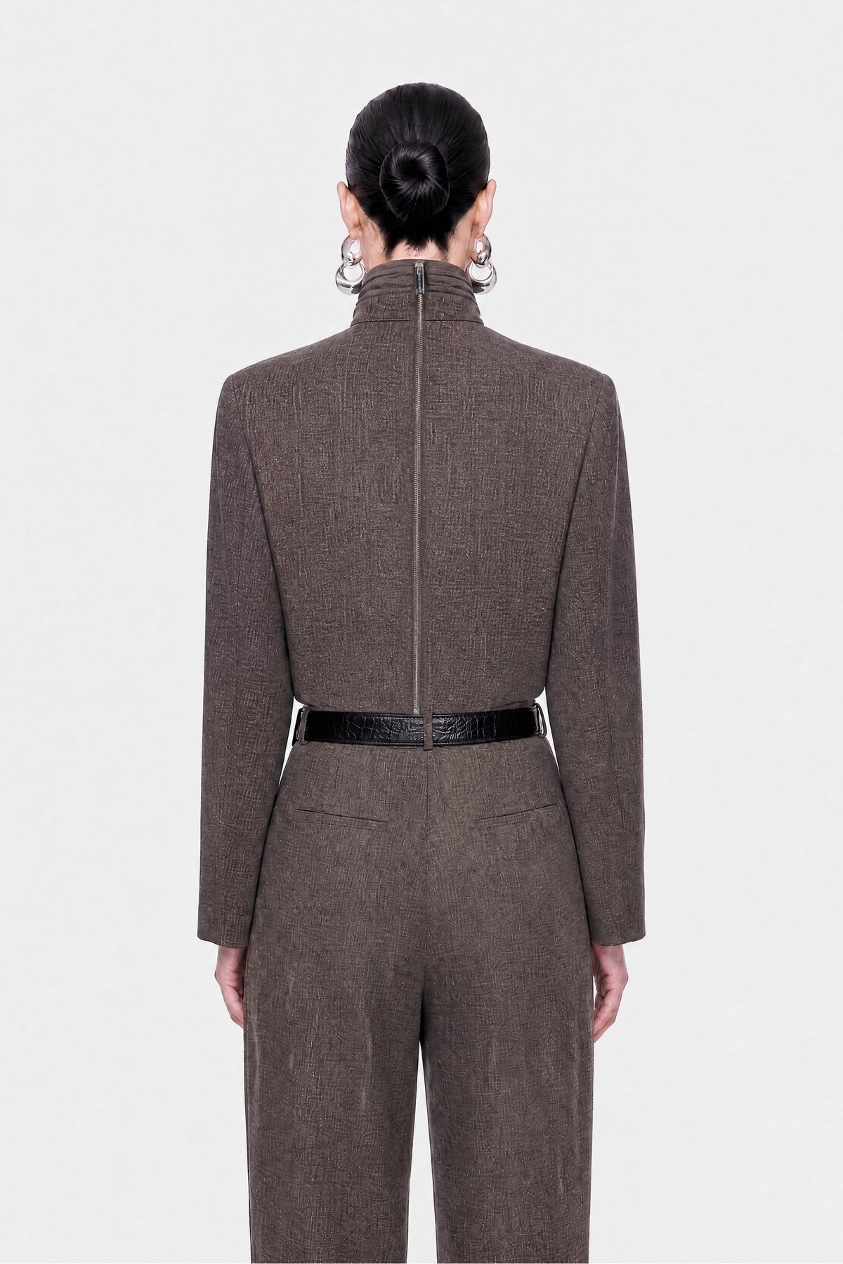 Padded Shoulder Stand Collar Blouse