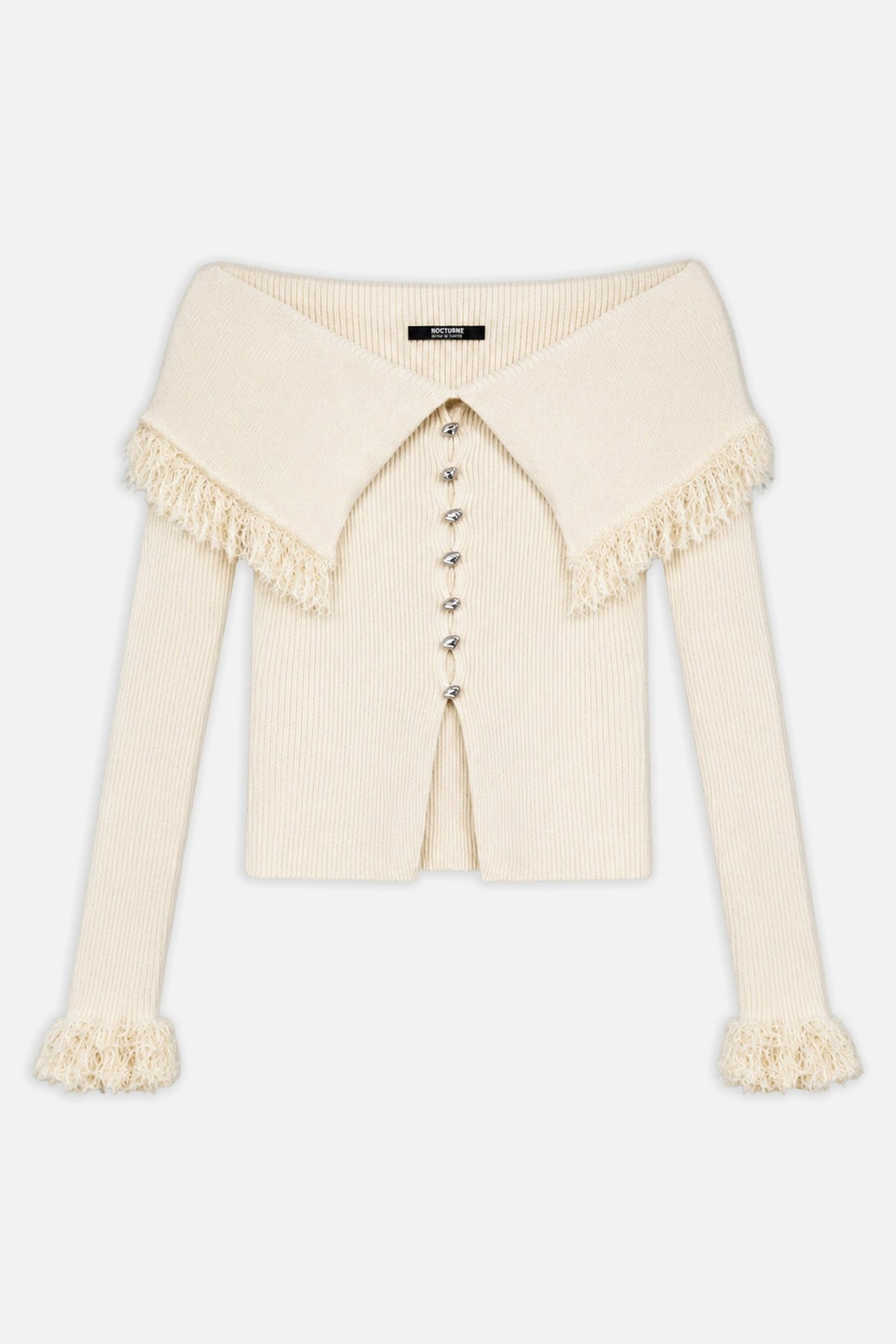 Fringed Collar Off-Shoulder Cardigan