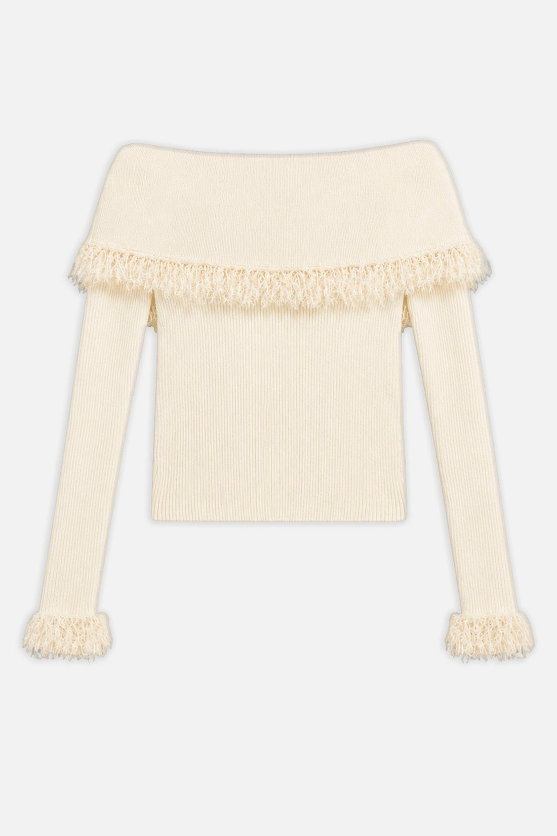 Fringed Collar Off-Shoulder Cardigan