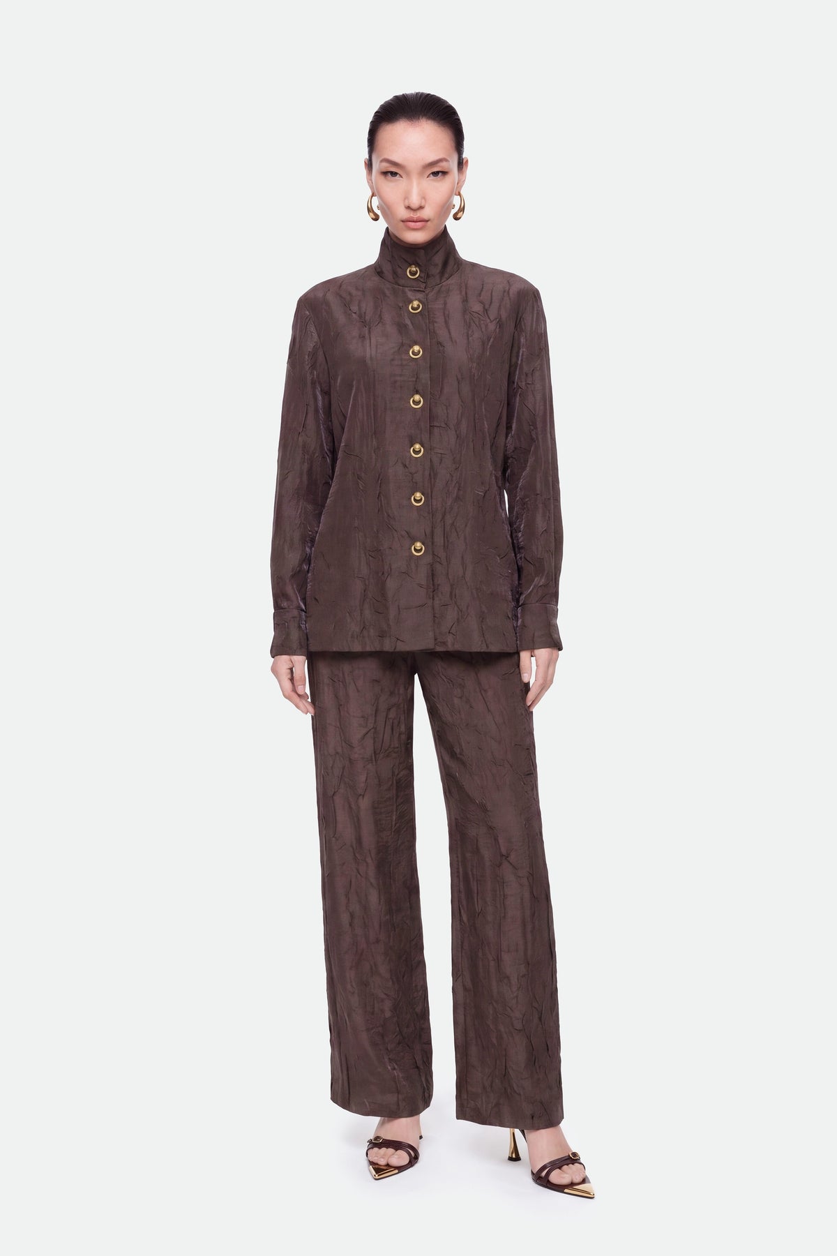 Crinkle Effect Wide Leg Trousers