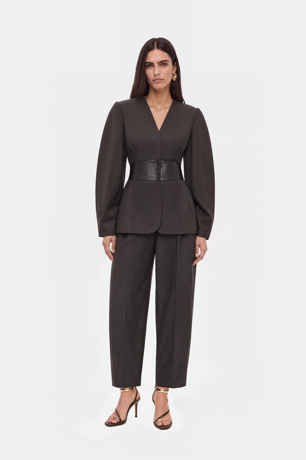 Croc Effect Belted Collarless Jacket