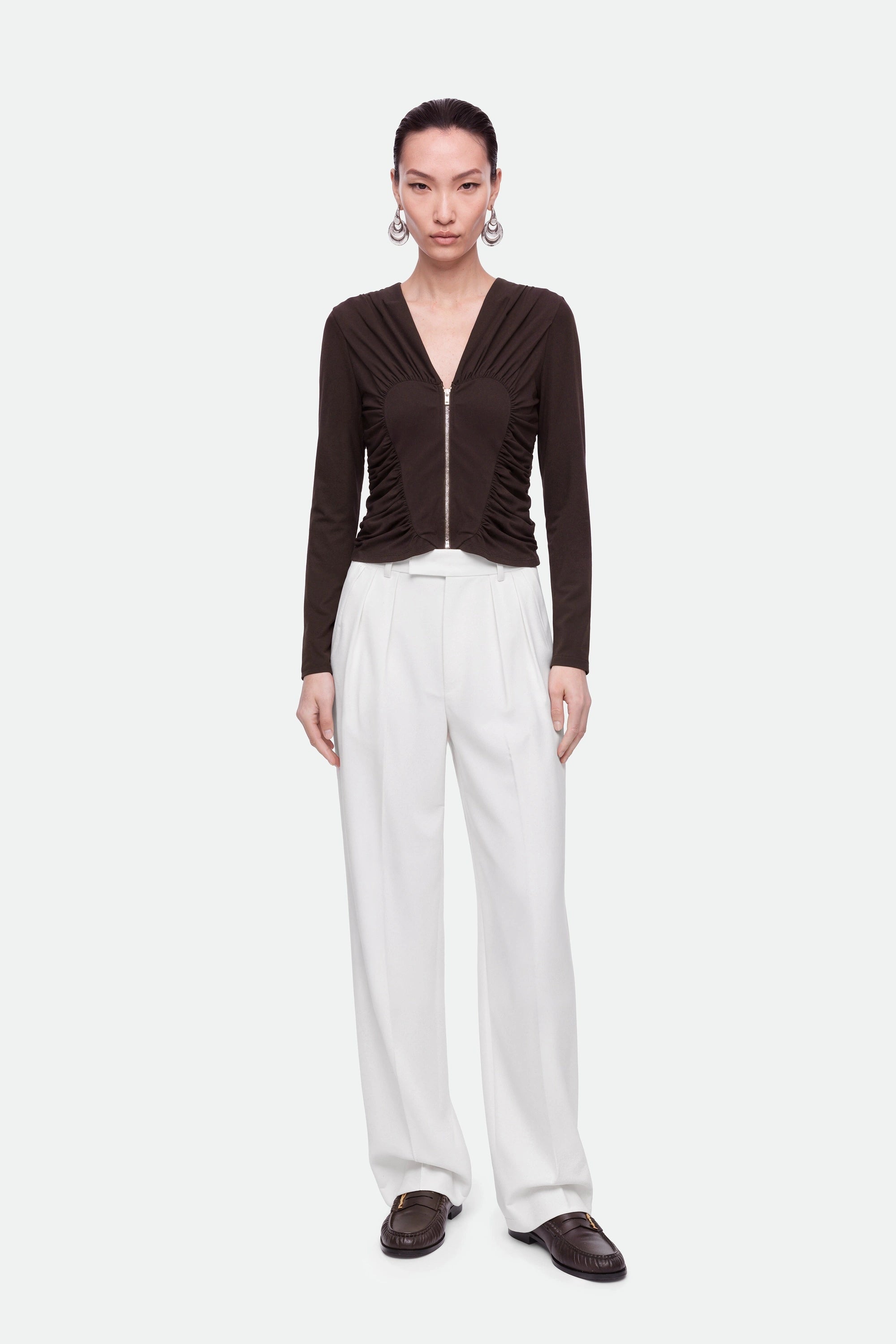 Ruffle Trim Zip Front Blouse