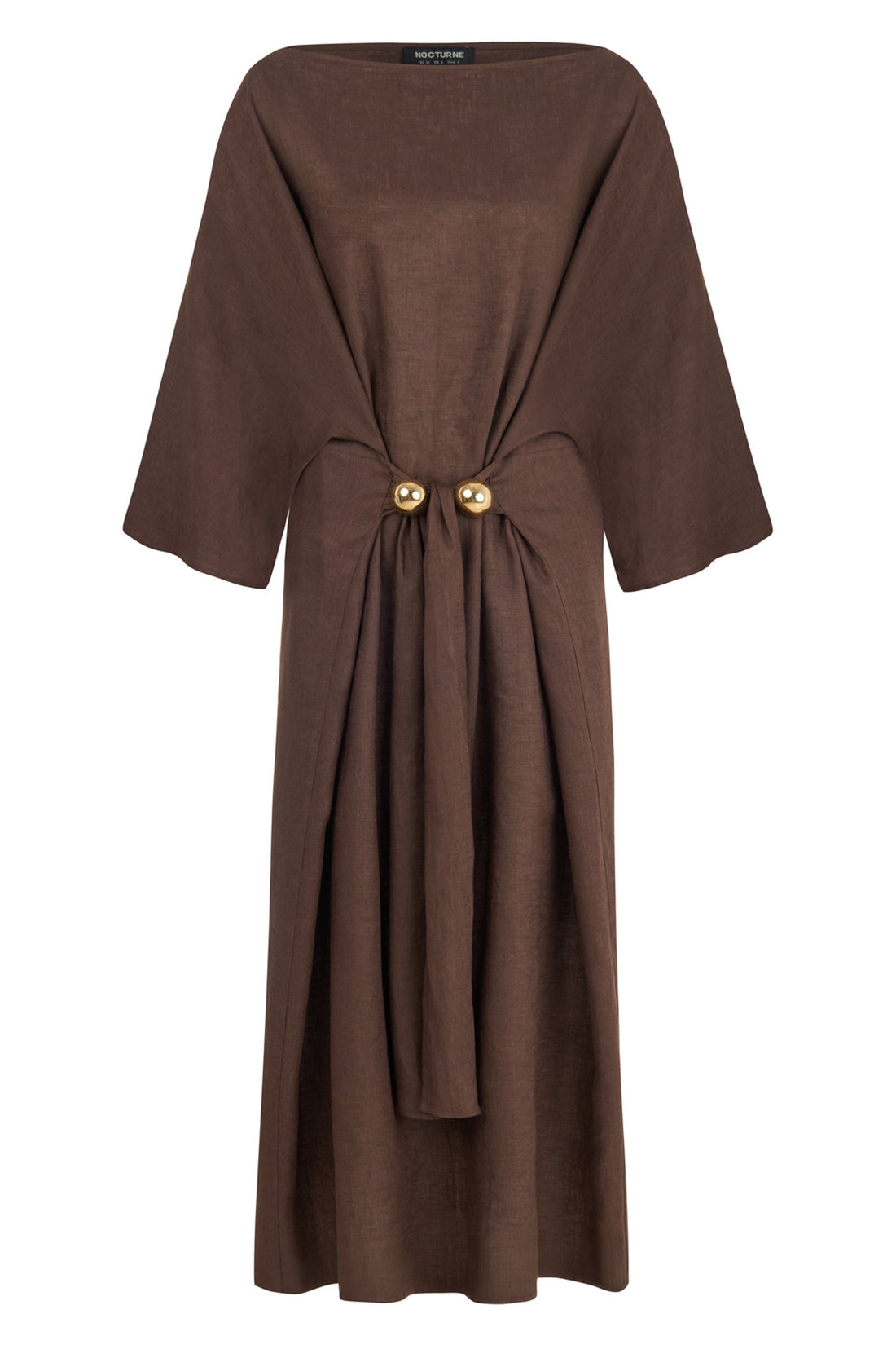 Coffee Linen Accessory Detailed Midi Dress