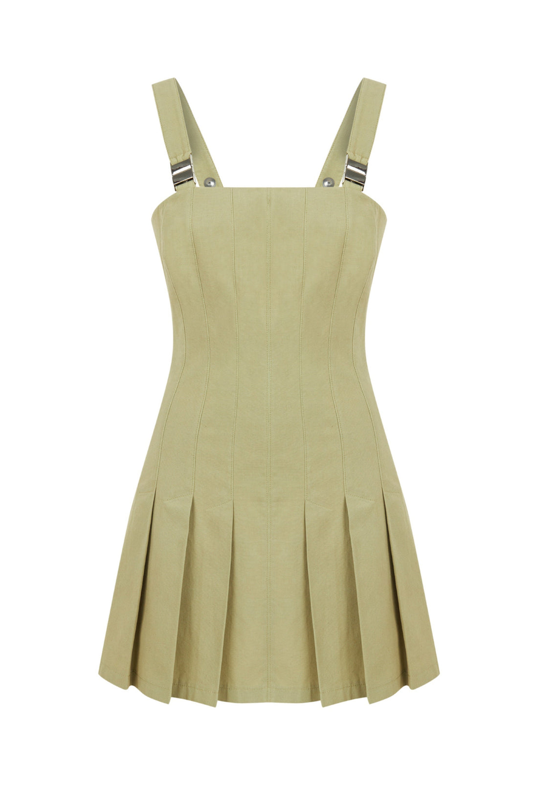 Olive Green Pleated Accesory Detailed Mini Dress