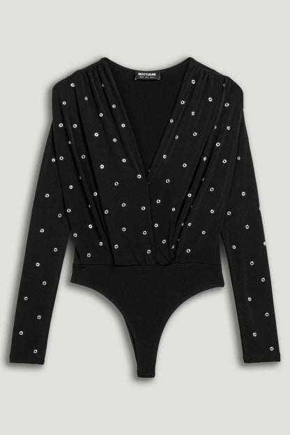 Black Embellished V-Neck Long-Sleeve Bodysuit