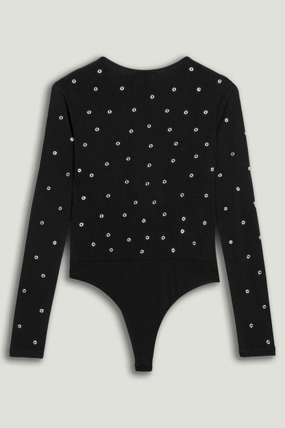 Black Embellished V-Neck Long-Sleeve Bodysuit