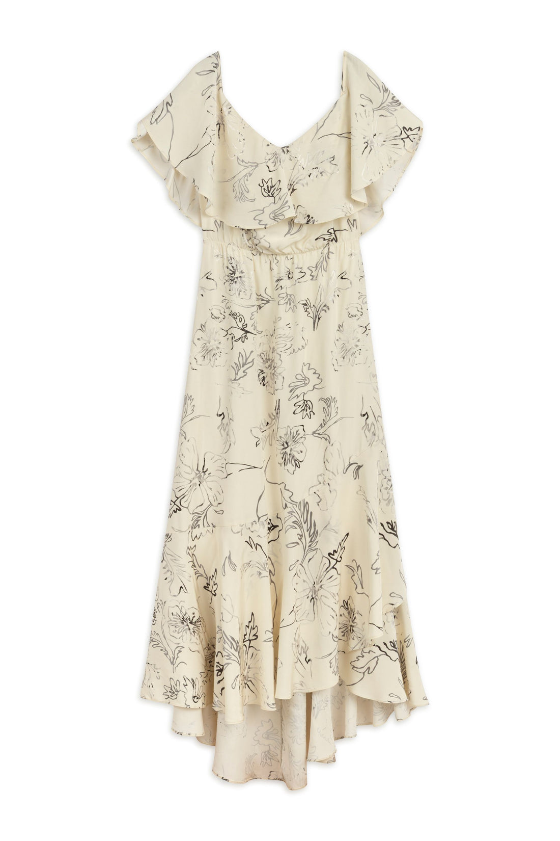 Ecru Floral Patterned Midi Dress with Sash Tie