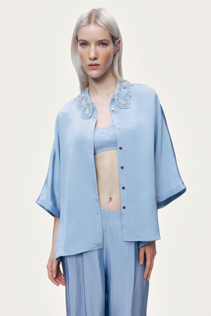 Blue Wide Leg Pleat Front Trousers