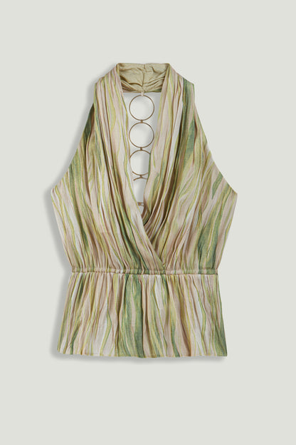 Printed Halterneck Peplum Top with Ring Chain Back Detail