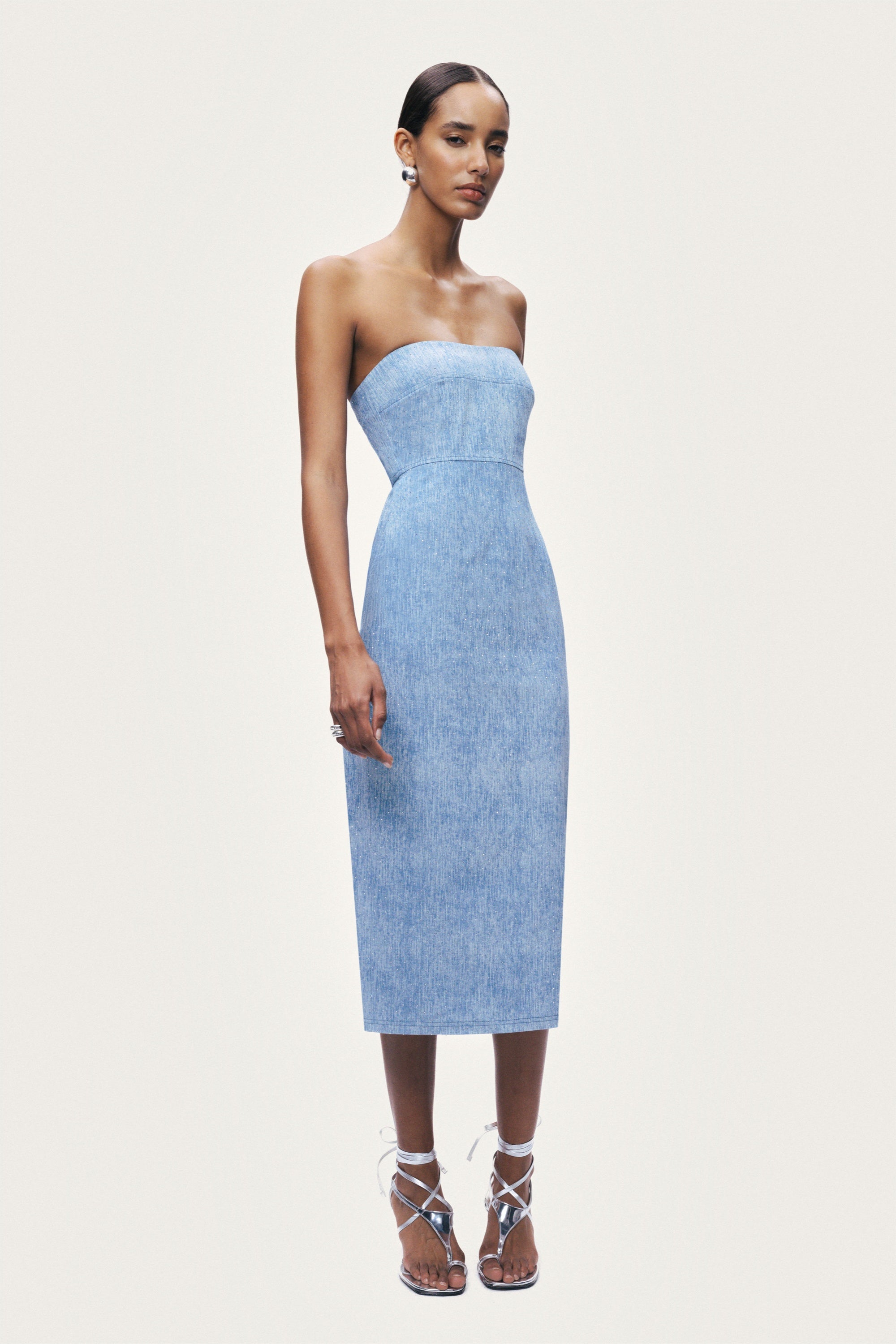 Stone-Detail Strapless Midi Dress