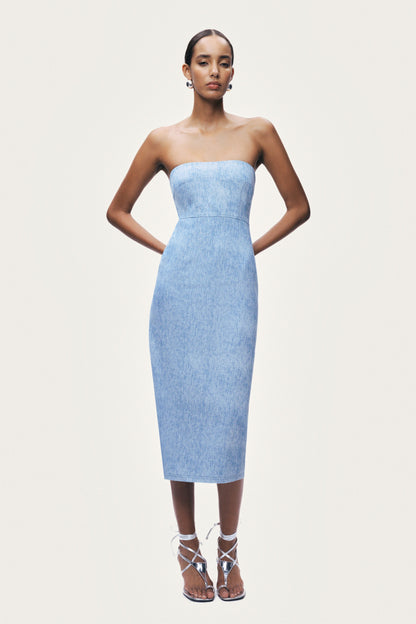 Stone-Detail Strapless Midi Dress
