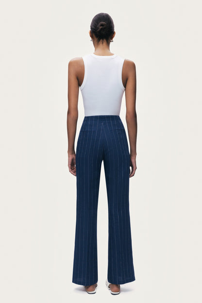 Navy Pinstripe Wide Leg Trousers