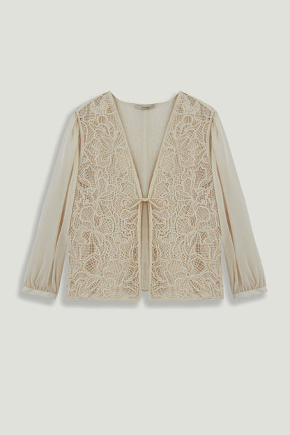 Beige Lace Front Sheer Sleeve Jacket