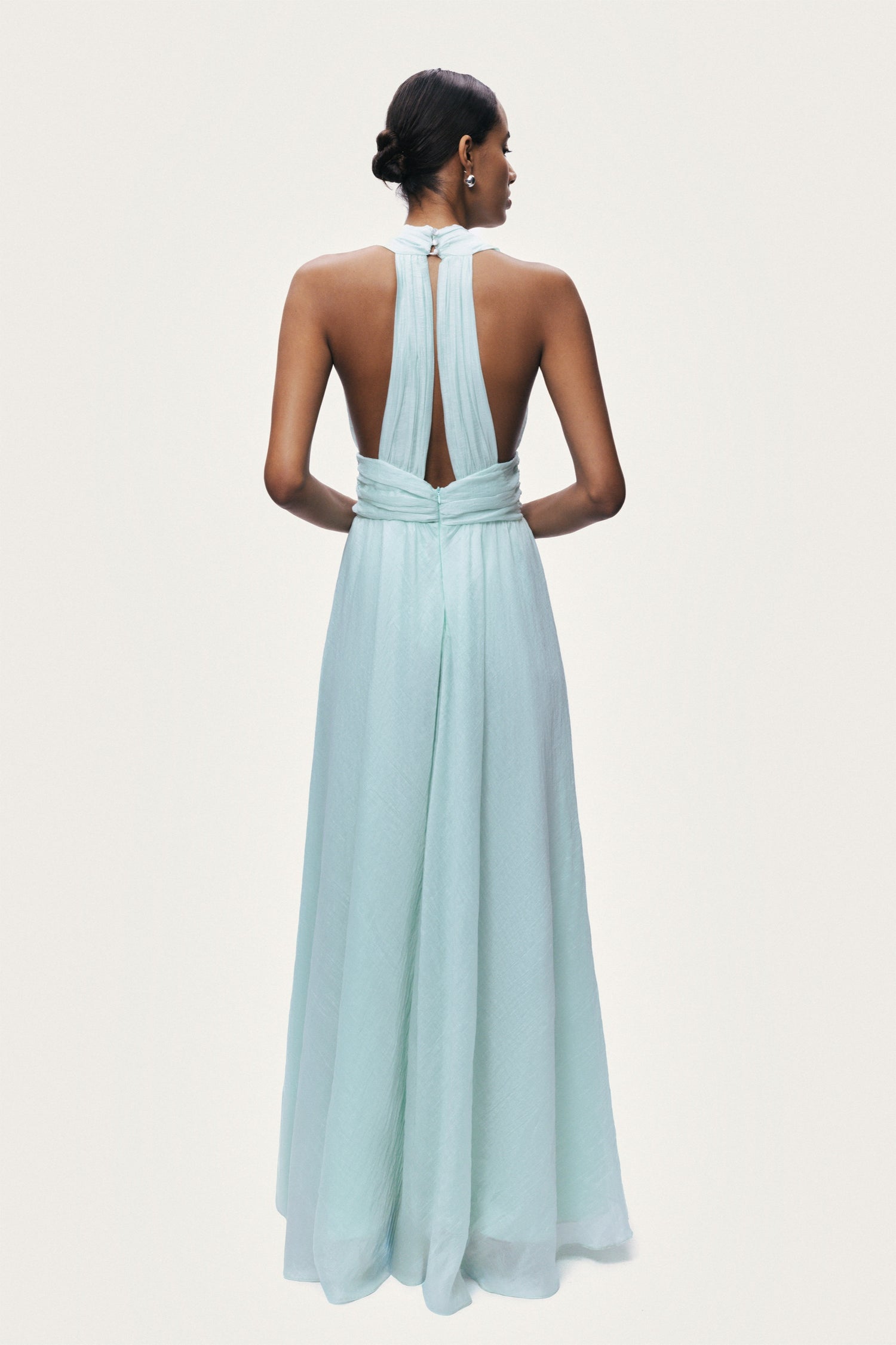 Pleated Halterneck Maxi Dress with Brooch Detail