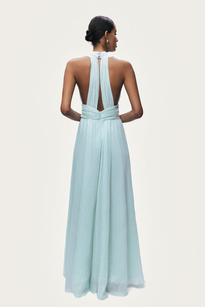 Pleated Halterneck Maxi Dress with Brooch Detail