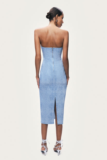 Stone-Detail Strapless Midi Dress