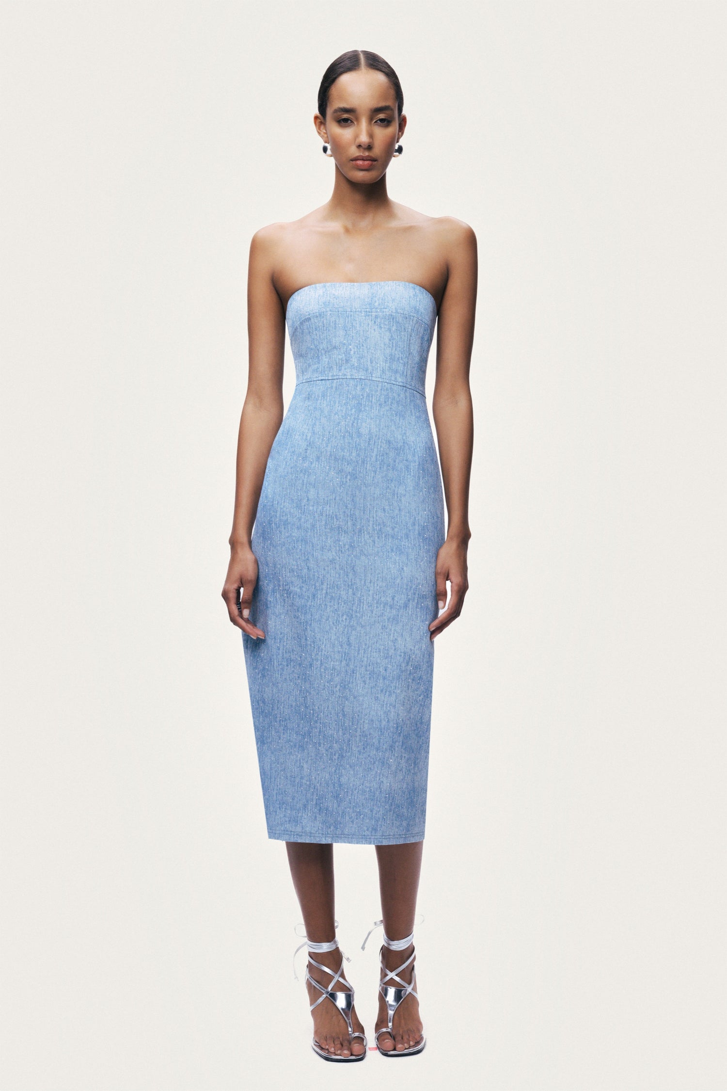 Stone-Detail Strapless Midi Dress