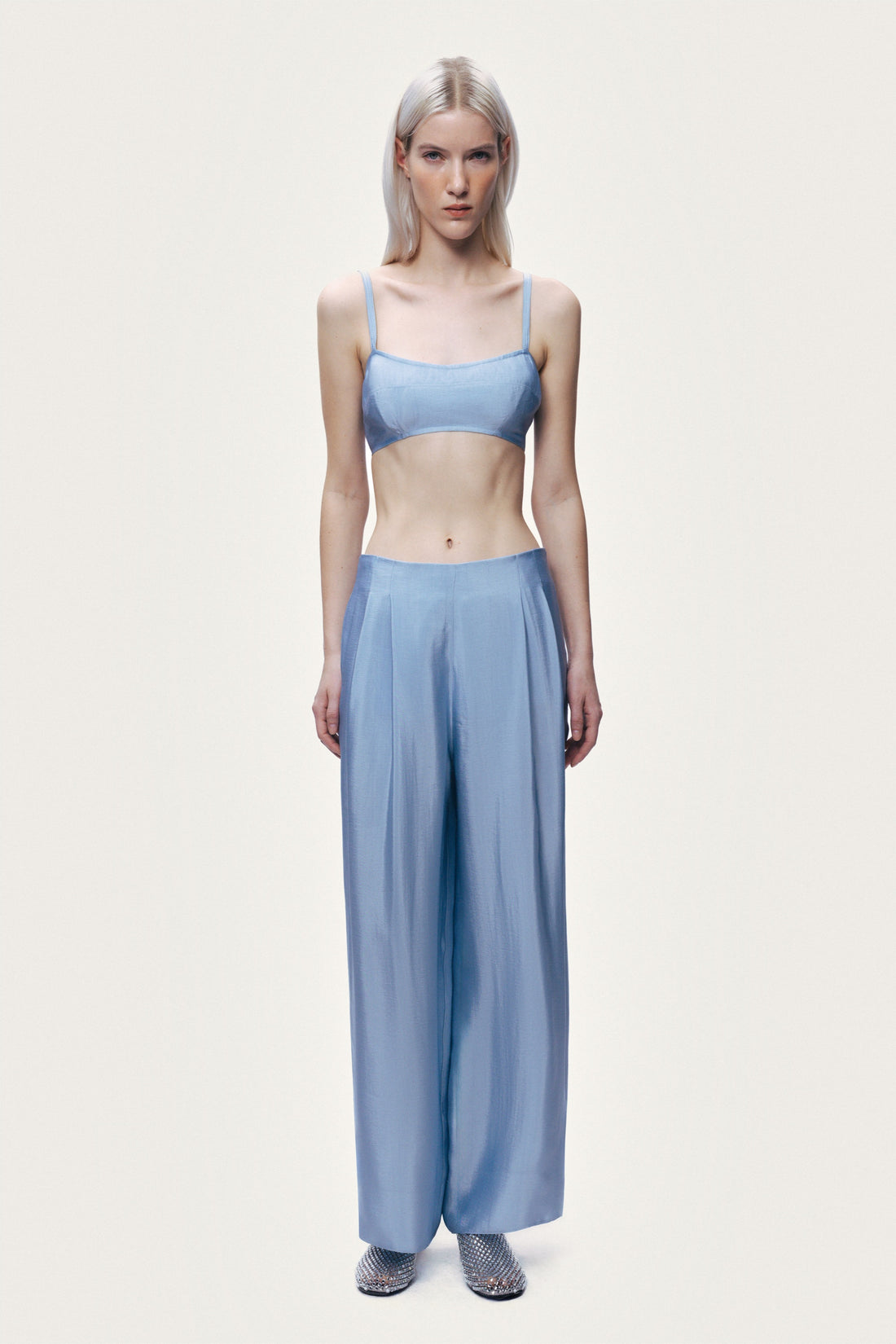 Blue Wide Leg Pleat Front Trousers
