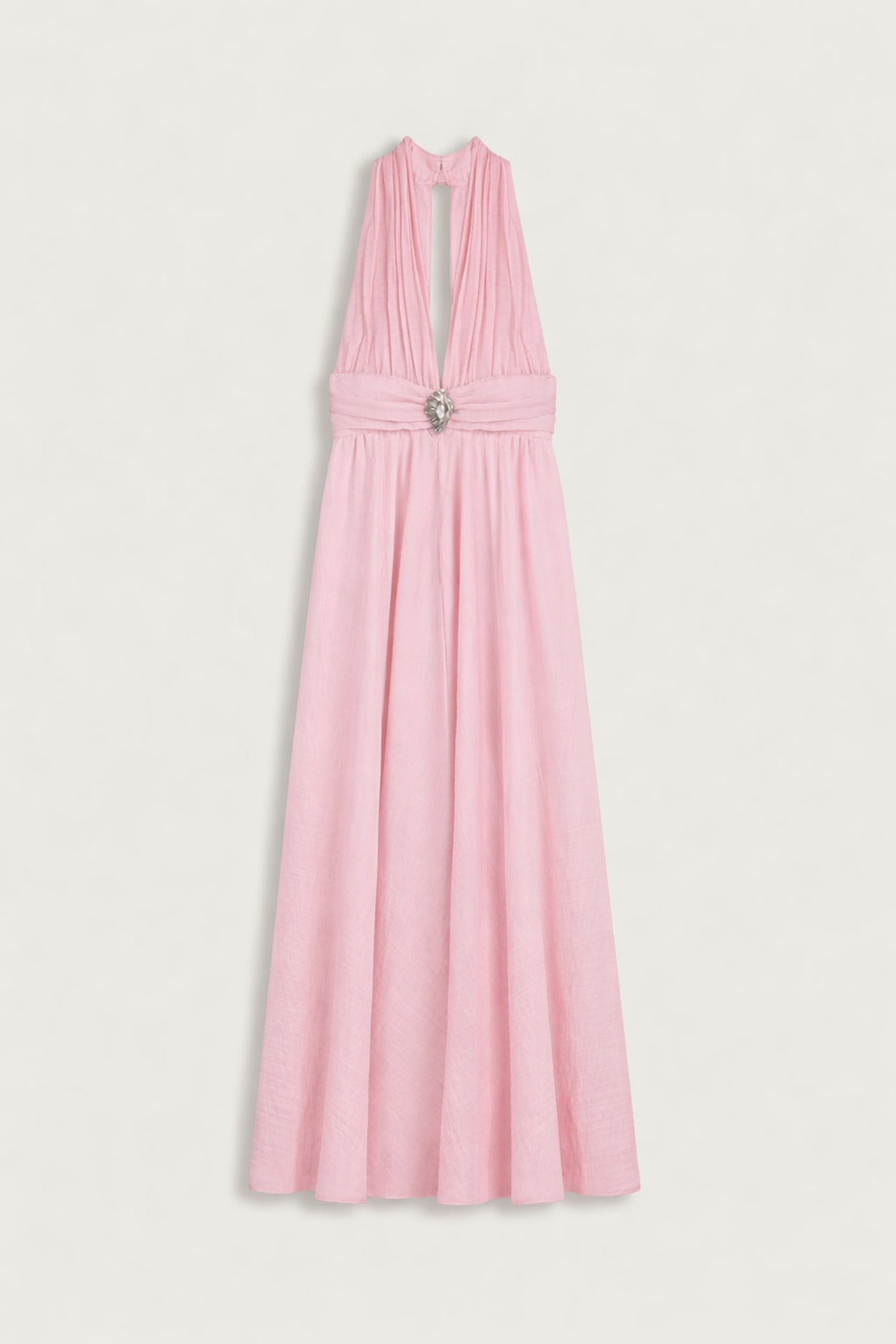 Pleated Halterneck Maxi Dress with Brooch Detail
