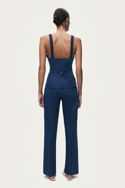 Navy Pinstripe Wide Leg Trousers