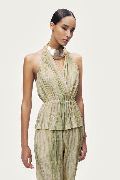 Printed Halterneck Peplum Top with Ring Chain Back Detail