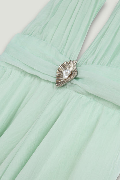 Pleated Halterneck Maxi Dress with Brooch Detail