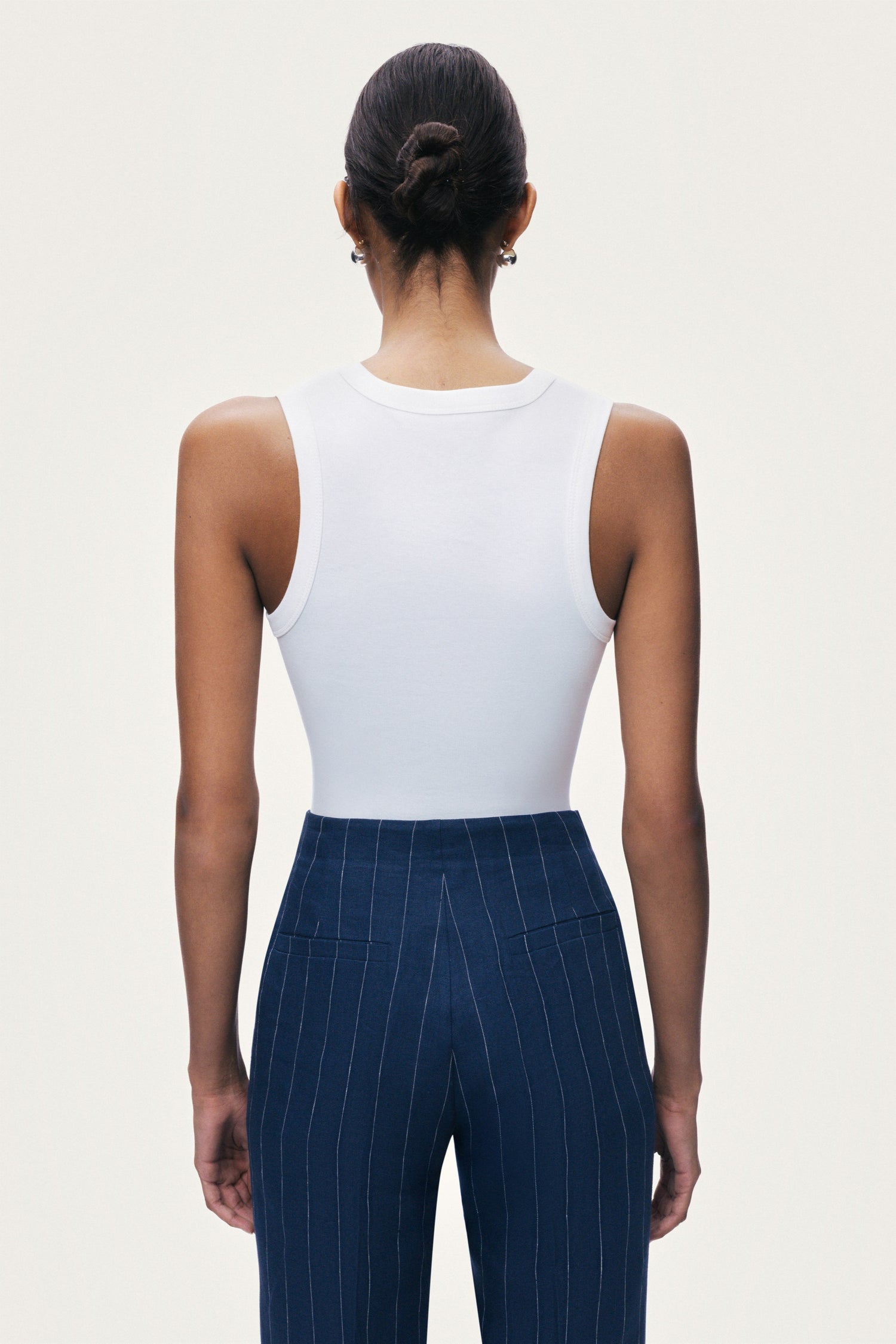 Navy Pinstripe Wide Leg Trousers