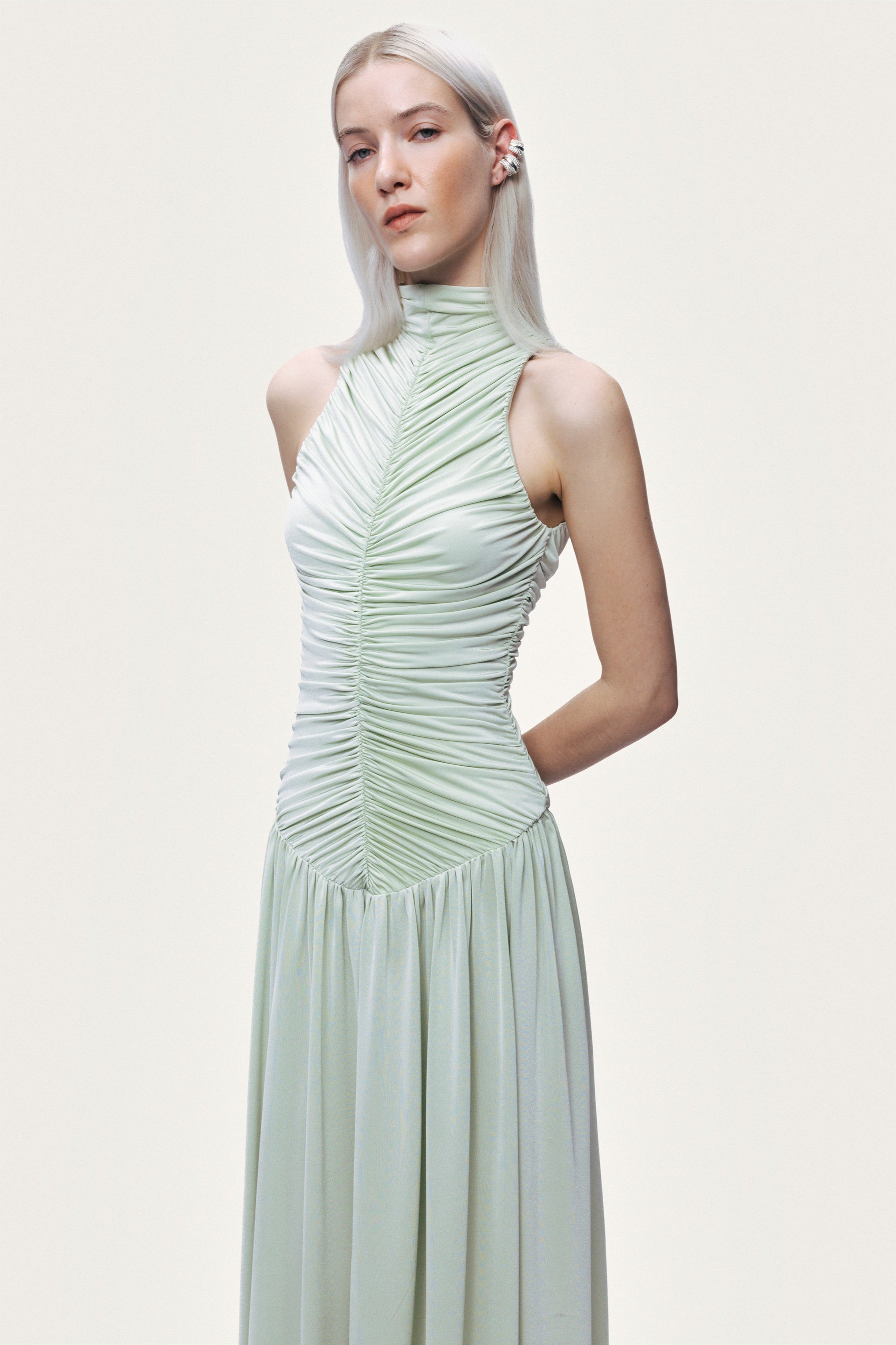 Draped Stand Collar Maxi Dress