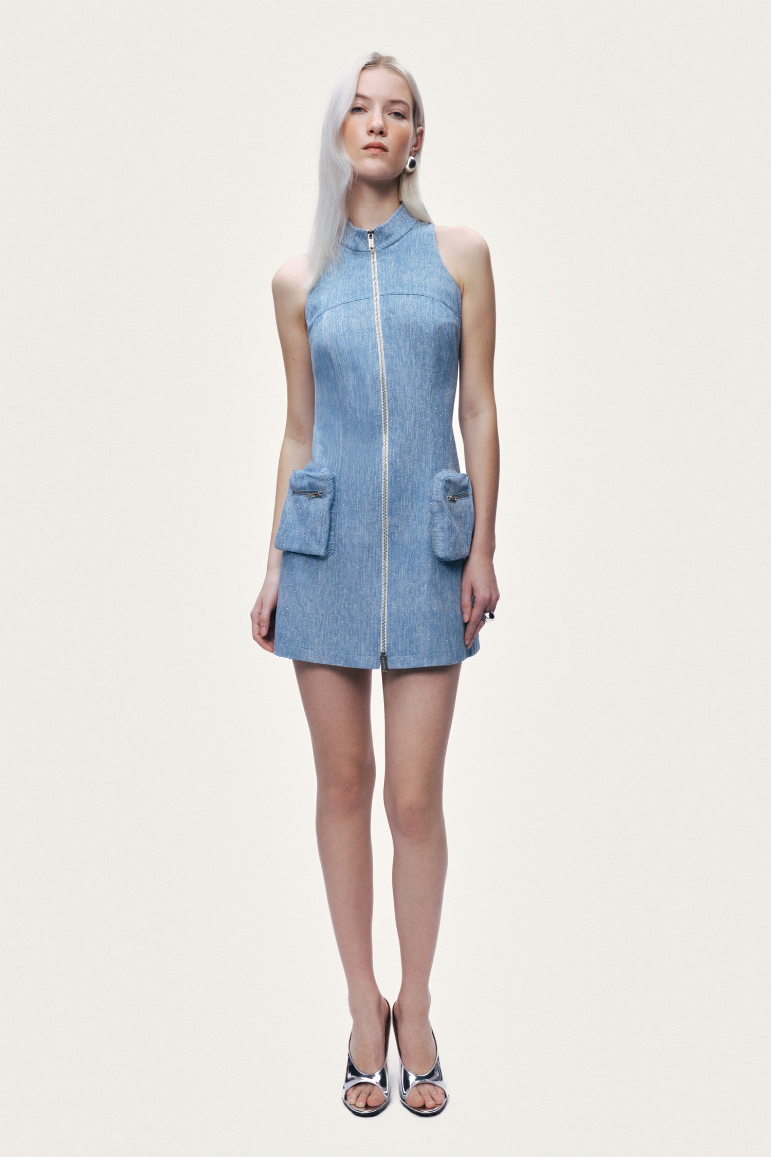 Pocket and Stone Detail Halterneck Mini Dress