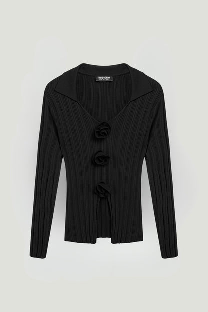 Floral Embellished Ribbed V-Neck Sweater